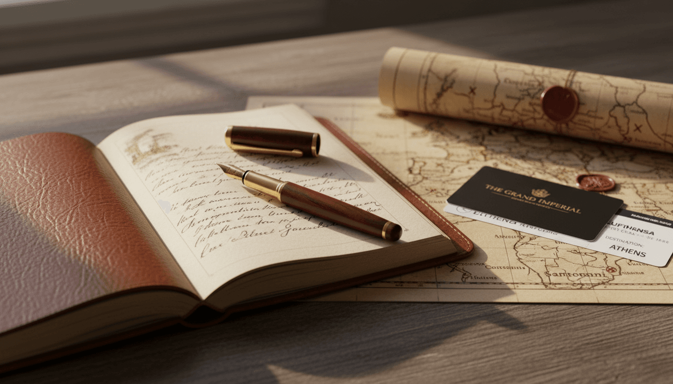 Leather travel journal with map and luxury travel documents