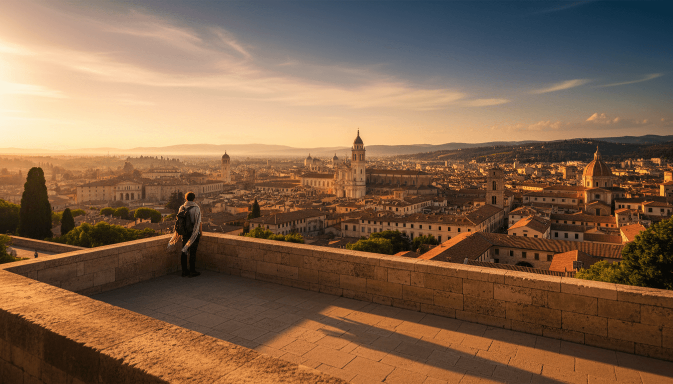 Traveler admiring a panoramic European city view at golden hour