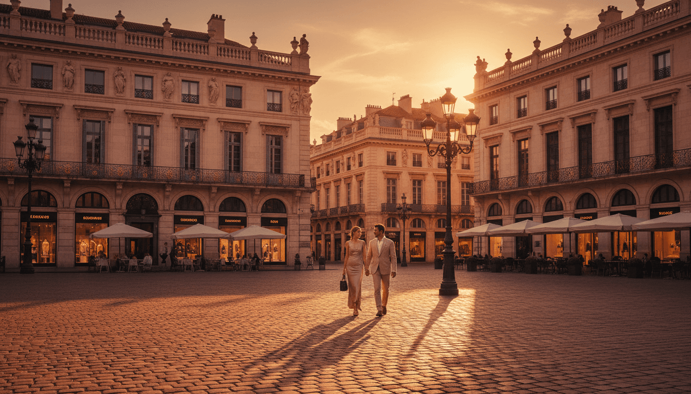 Elegant European city square at golden hour with well-dressed travelers