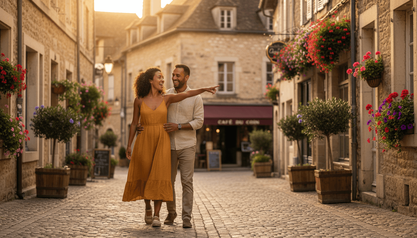 Travelers exploring a charming European city street together