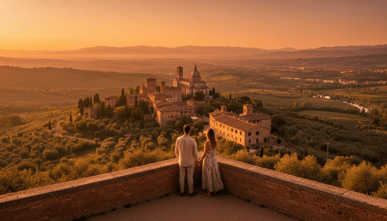 Couple overlooking a scenic European landscape at golden hour