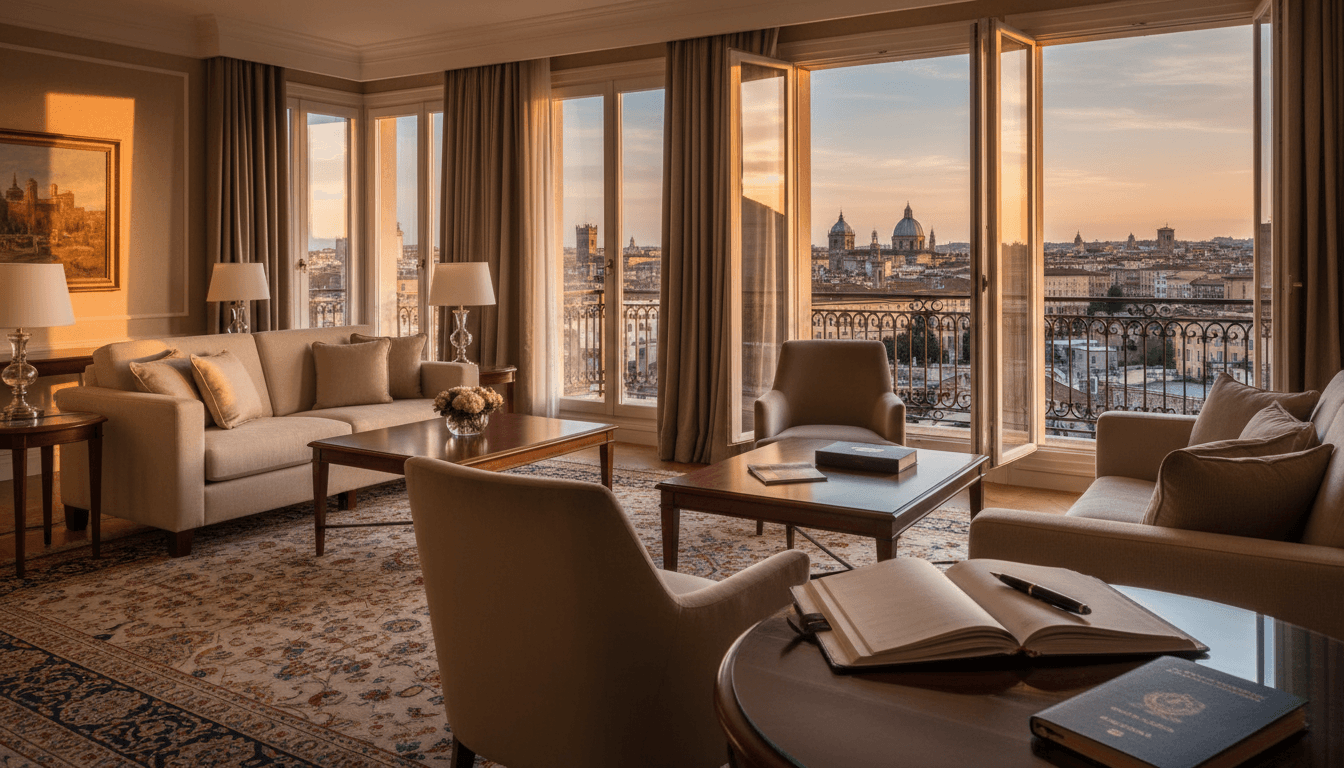 Luxury hotel suite overlooking European city at sunset