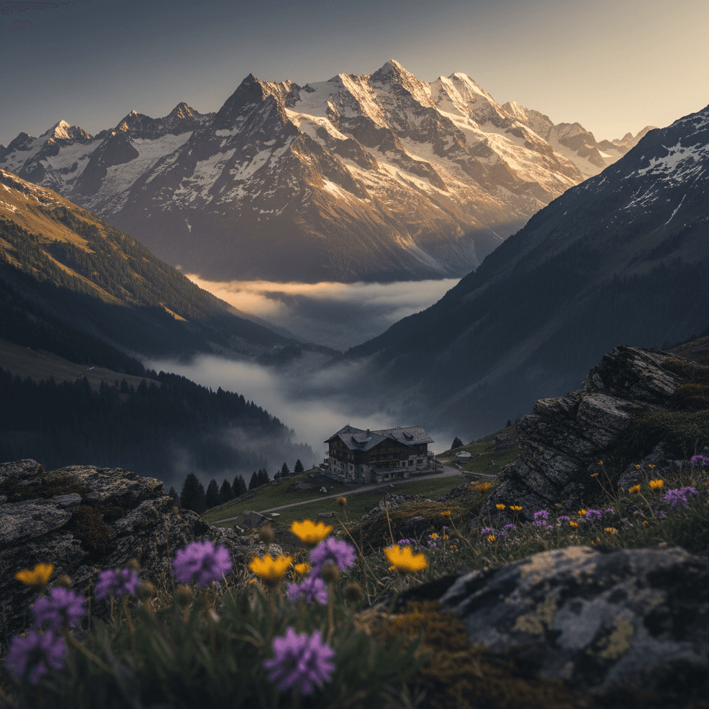 Alpine luxury lodge nestled in Swiss mountain landscape