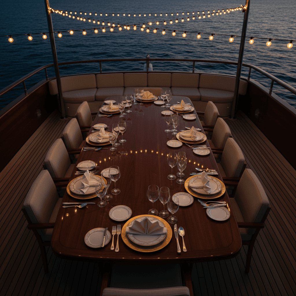 Luxury yacht dinner setup at sea