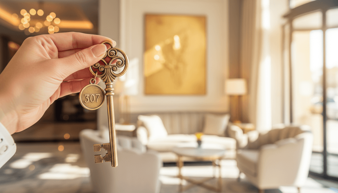 Ornate hotel key symbolizing luxury accommodation in European destination