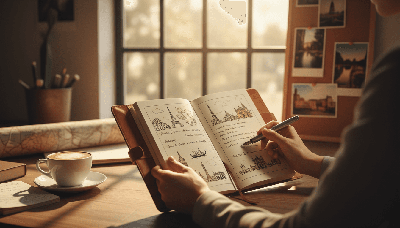 Travel advisor reviewing detailed itinerary at desk with journal and map