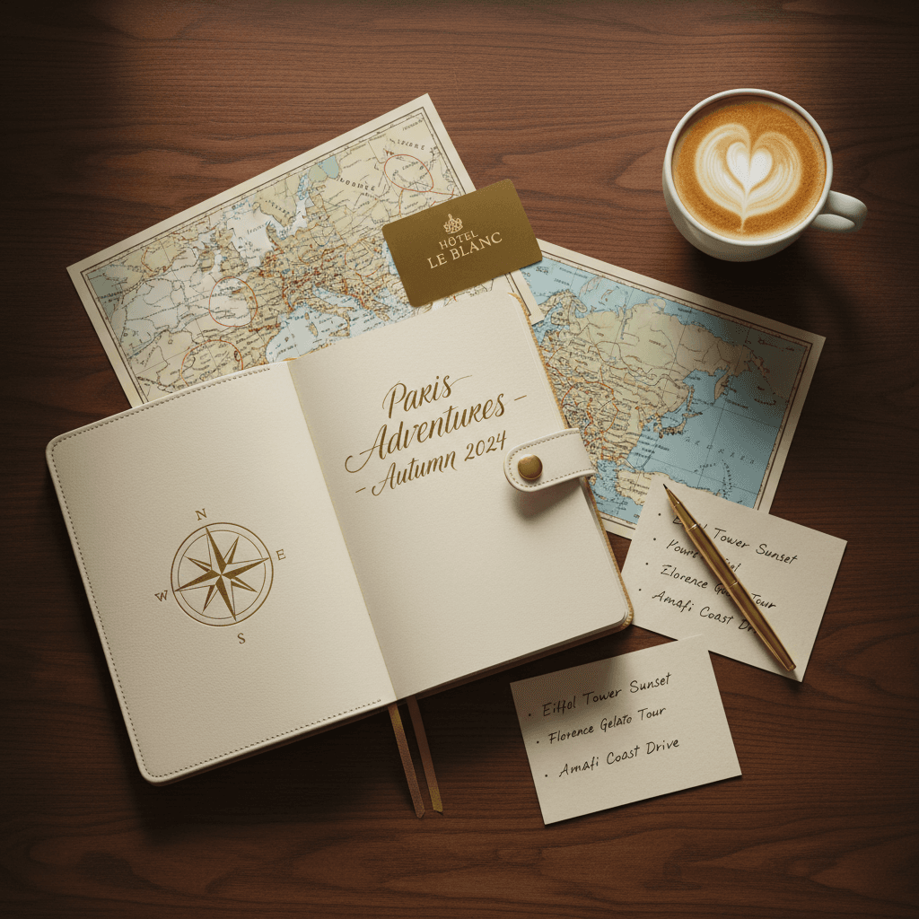 Luxury travel planning details with journal, maps, and itinerary