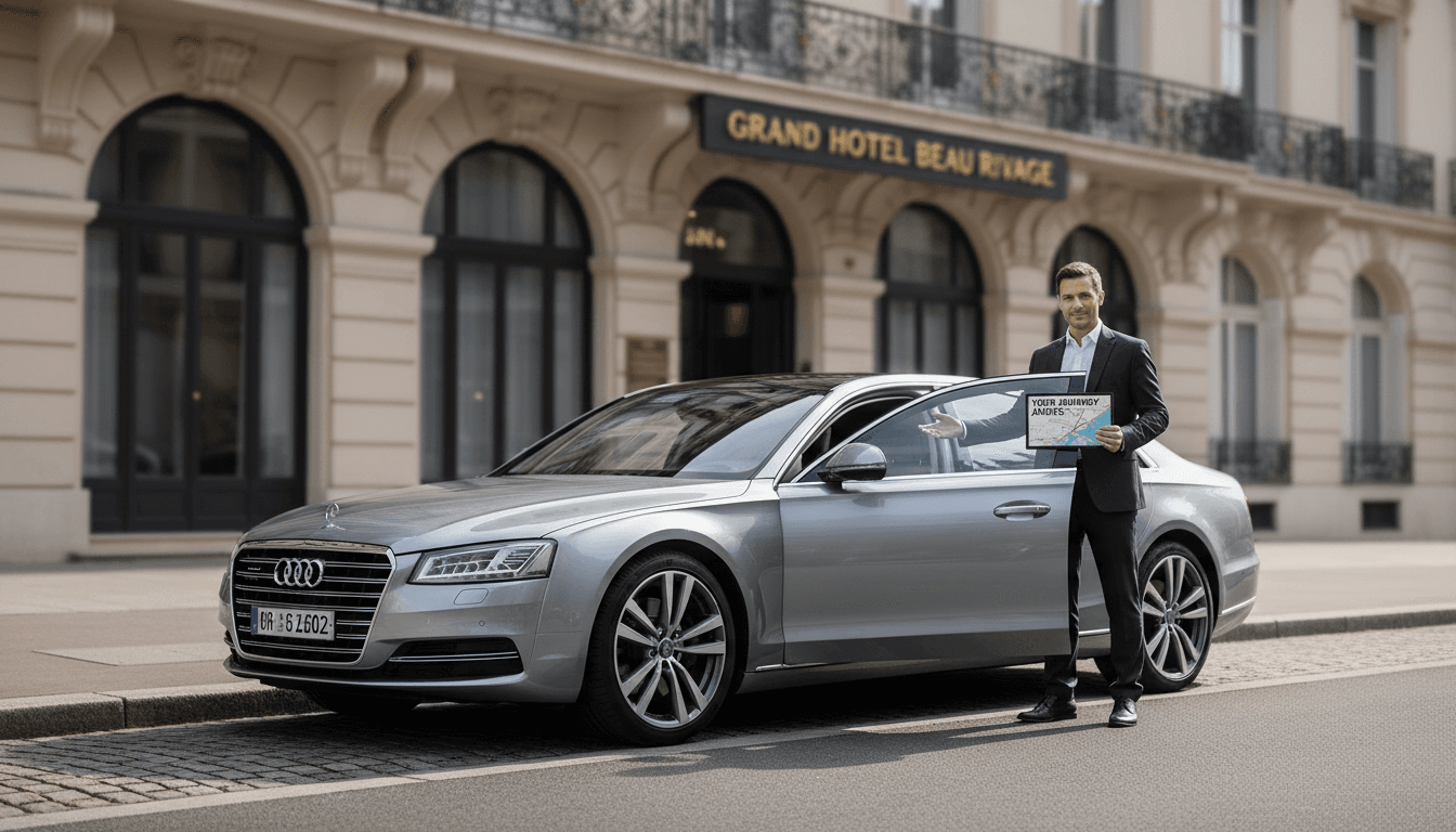 Professional driver with luxury car ready for airport transfer