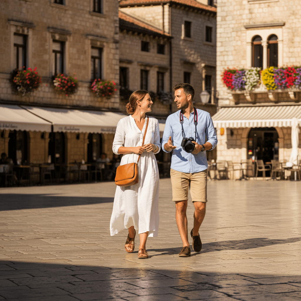 Couple exploring historic European town square
